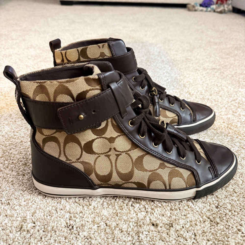 Coach Brown and Tan Signature High-Top Sneakers